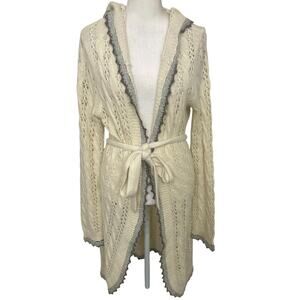 Y2K Hooded Open Knit Angora Ramie Tie Duster Cardigan Boho Cottage Layering M